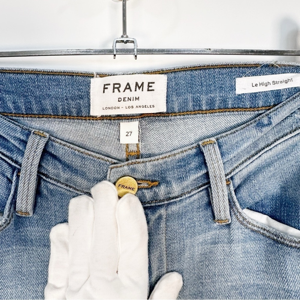 FRAME Le High Straight Patchwork Jeans Distressed Light Wash Size 27 - Picture 6 of 10